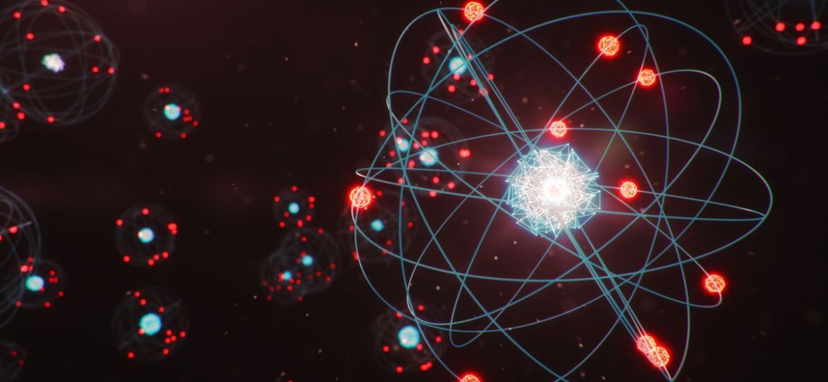 3D Illustration Atomic structure. Atom is the smallest level of matter that forms chemical elements. Glowing energy balls. Nuclear reaction. Concept nanotechnology. Neutrons and protons - nucleus.