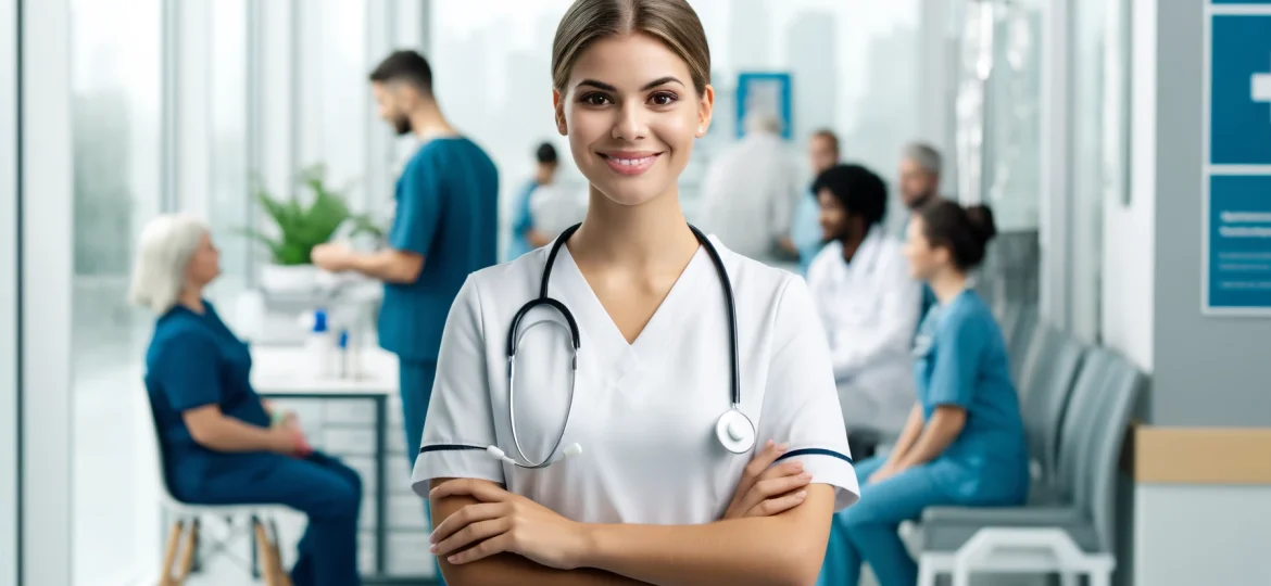 DALL·E 2024-06-05 22.25.40 - Create an image for a nursing job advertisement. The image should feature a friendly nurse in a clean, professional medical uniform, standing in a mod
