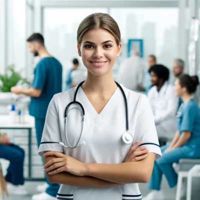 DALL·E 2024-06-05 22.25.40 - Create an image for a nursing job advertisement. The image should feature a friendly nurse in a clean, professional medical uniform, standing in a mod
